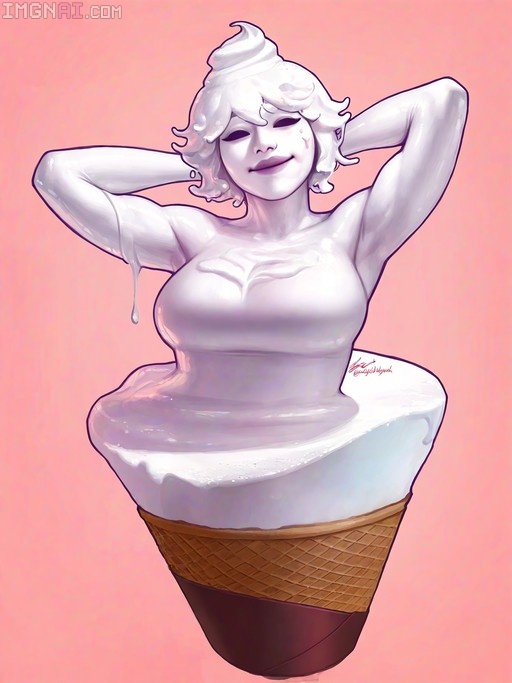 A white-haired girl with whipped cream styled hair and creamy skin stands inside a large waffle cone, smiling with her arms behind her head against a pink background.