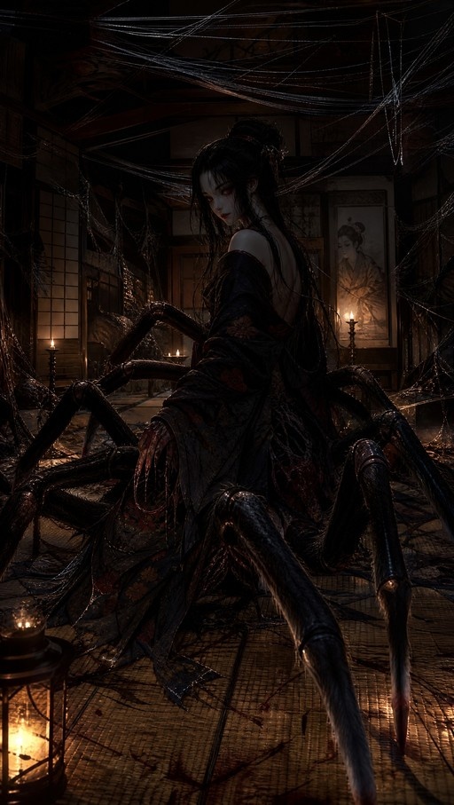 A dark fantasy illustration of a spider woman with long black hair and red eyes, wearing a black kimono and large hairy legs, looking back from a traditional Japanese room filled with spider webs and candlelight.