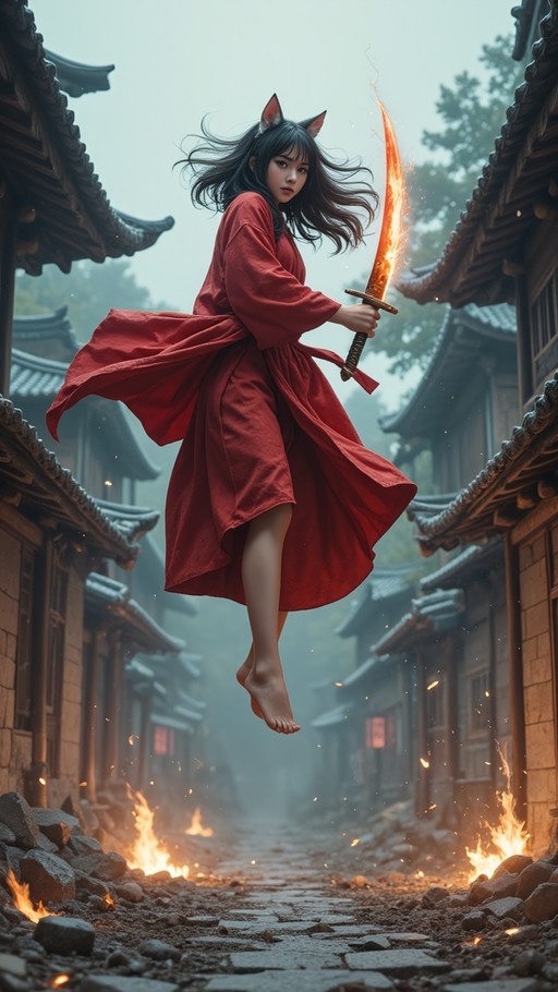 A barefoot cat-eared woman in a red kimono floats above a burning street holding a flaming sword.