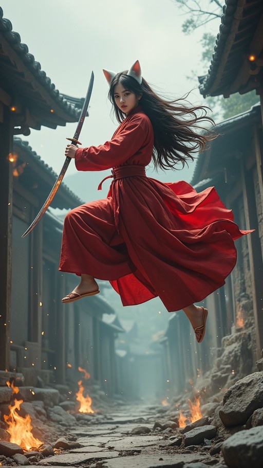 A young woman with white fox ears and long black hair leaps through the air holding a katana, wearing a flowing red kimono in a burning traditional alleyway.