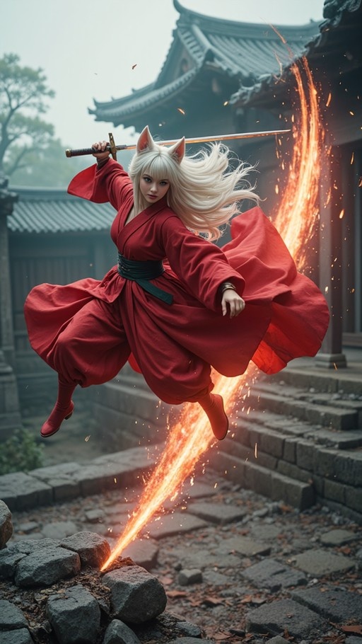 A white-haired woman with fox ears wearing a red kimono jumps through the air holding a flaming sword in front of a Japanese temple.