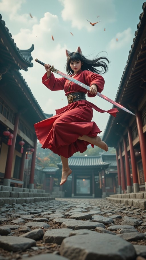 A barefoot fox-eared woman in a red kimono leaps through the air holding a long sword between traditional buildings.
