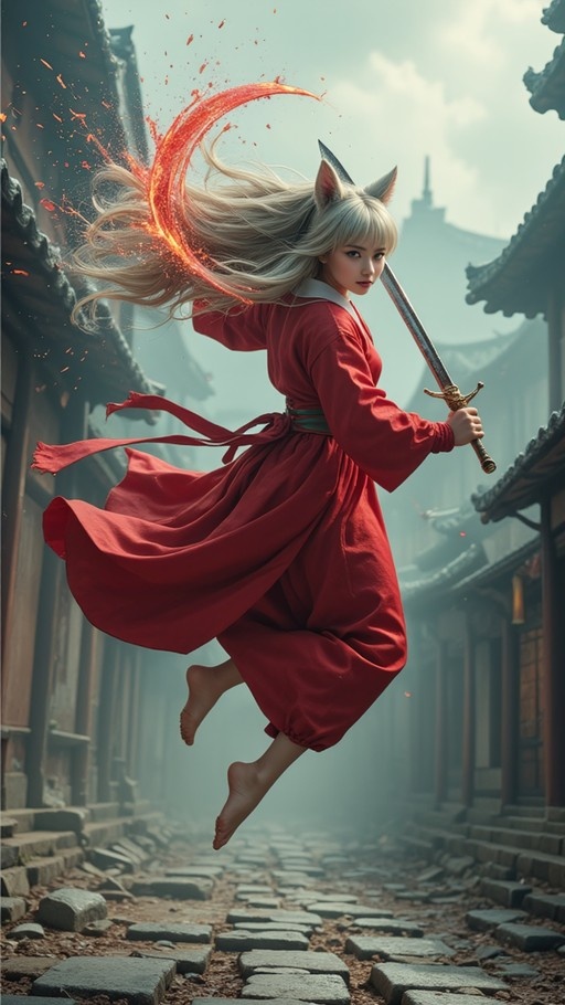 A barefoot woman with white hair and fox ears wearing a red robe leaps through the air holding a sword in an ancient alleyway.