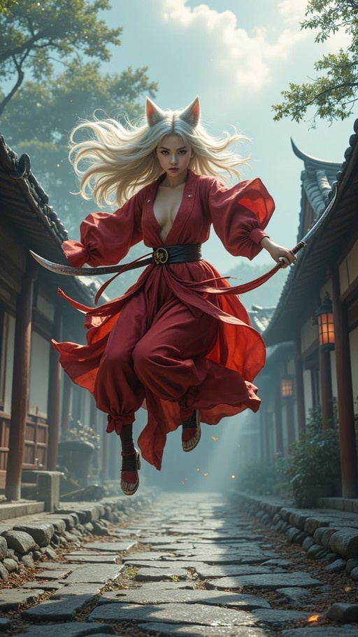A fox-eared woman with long white hair in a red kimono jumps through the air holding a curved sword over a stone path between traditional buildings.