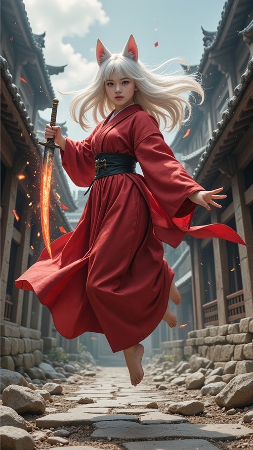 A full-body shot of a barefoot fox-eared woman with long white hair floating in the air while holding a fiery sword in a stone alleyway lined with traditional buildings.