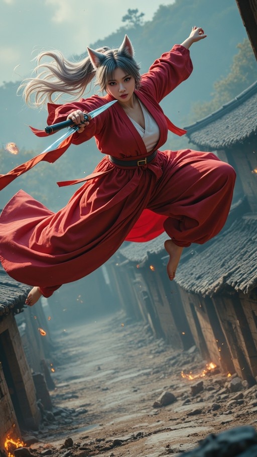A grey-haired woman with fox ears leaps mid-air holding a sword, wearing a red robe in front of burning traditional buildings.