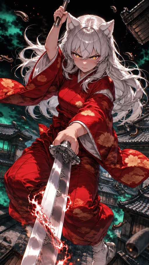 An anime-style illustration of a white-haired girl with animal ears wearing a red floral kimono and holding a large sword with red energy.