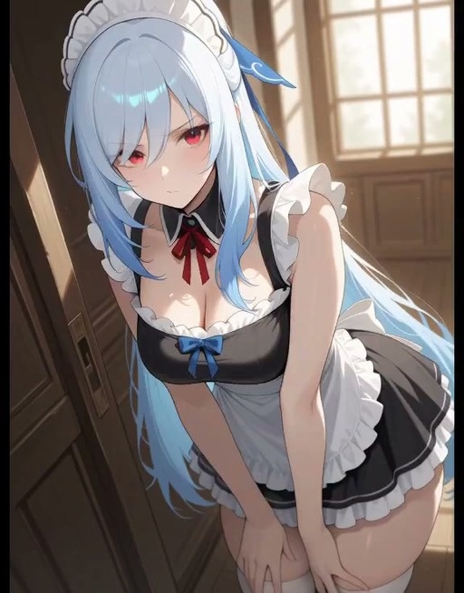 Jingliu from Honkai: Star Rail wearing a frilly black and white maid dress, long blue hair, red eyes, blushing with crossed arms.