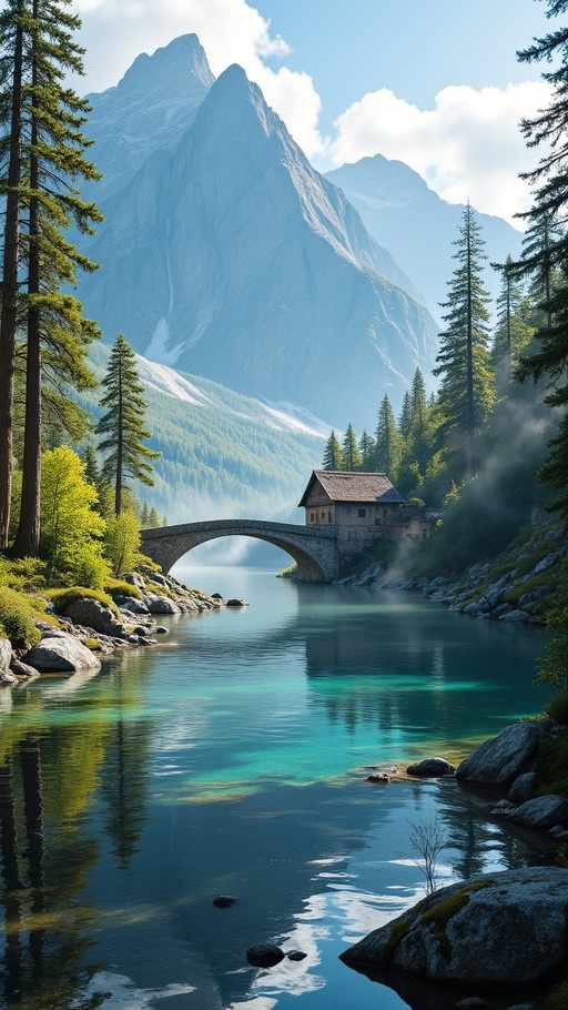 A stone arch bridge crosses a turquoise river in front of mountains and pine trees.