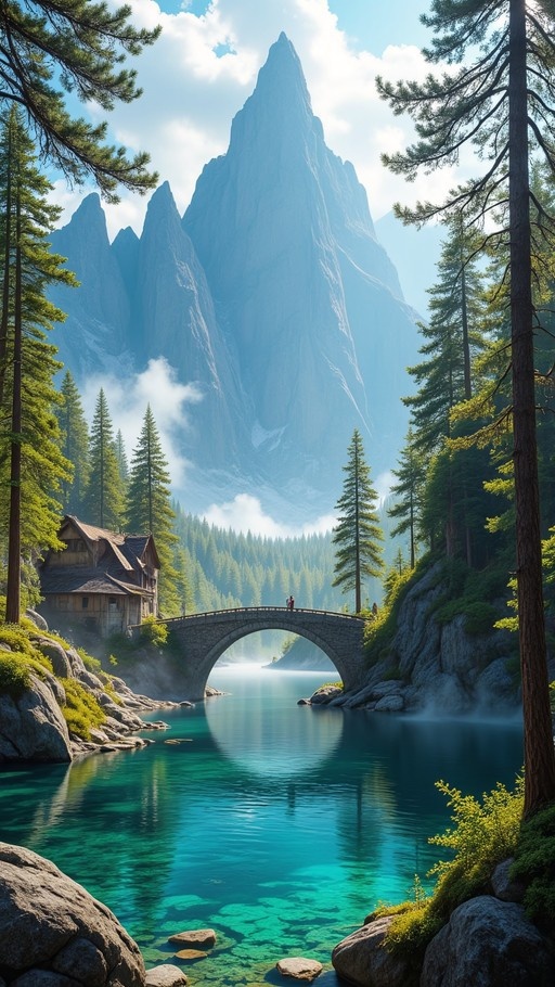 A towering jagged mountain rises above a stone arch bridge crossing a clear turquoise river in a lush pine forest with a rustic wooden cabin nearby.