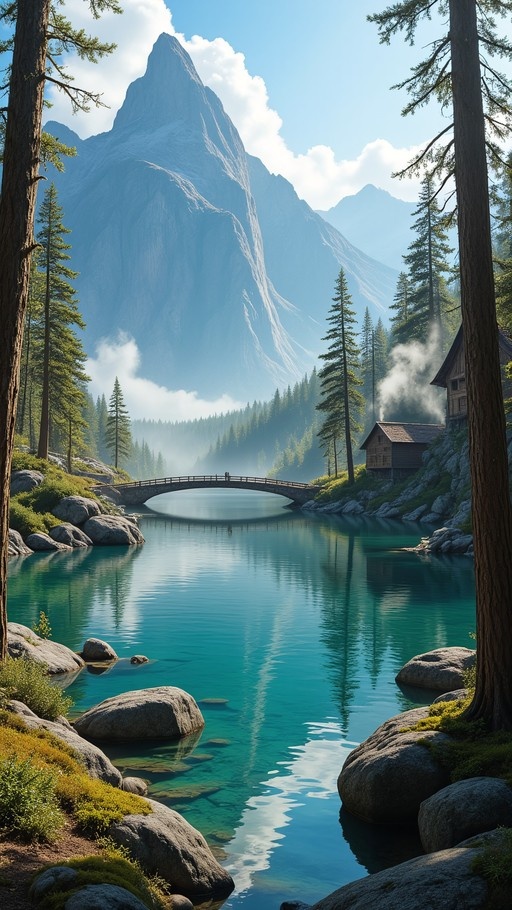 A scenic digital illustration of a turquoise alpine lake with a stone arch bridge, framed by pine trees and a large mountain peak in the background.
