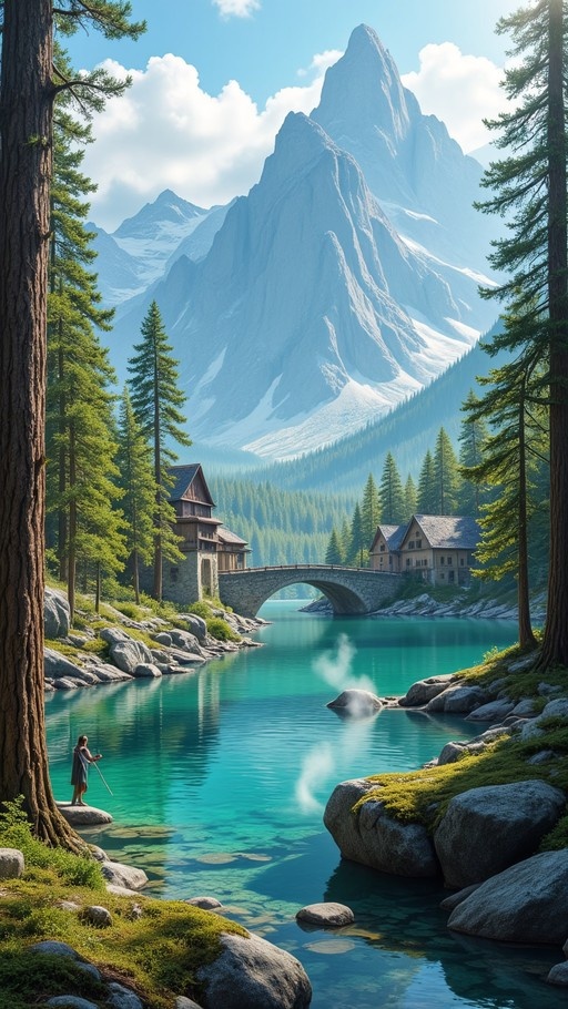 A digital painting of a fantasy landscape with a turquoise river flowing under a stone bridge between wooden buildings, framed by tall pine trees and towering snow-capped mountains in the background, with a lone figure standing on a rock in the foreground.