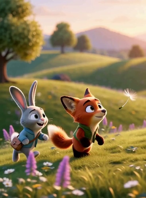 A grey rabbit in a blue sweater and an orange fox in a green vest run through a grassy field chasing a dandelion seed before sitting together to watch the sunset.