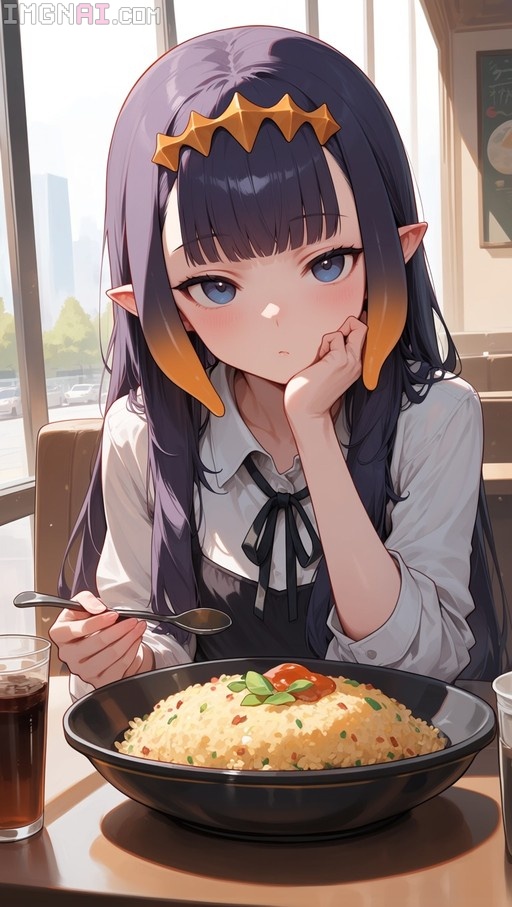Ninomae Ina'nis sitting at a table with a bowl of fried rice and holding a spoon.
