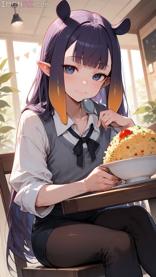 Ninomae Ina'nis sitting at a table holding a spoon over a large bowl of fried rice.