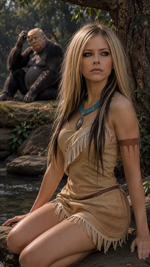 A blonde woman in a tan fringed dress sits on rocks by a stream while a large gorilla with Donald Trump's face rests on a rock behind him.