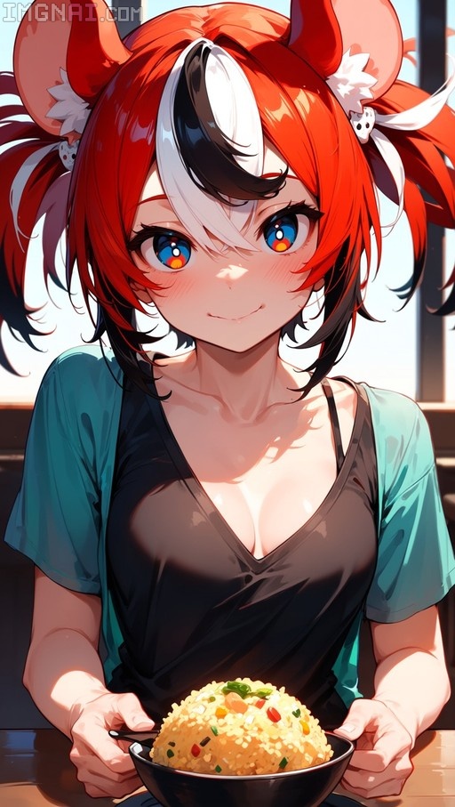 Anime-style illustration of Hakos Baelz holding a bowl of fried rice and smiling.