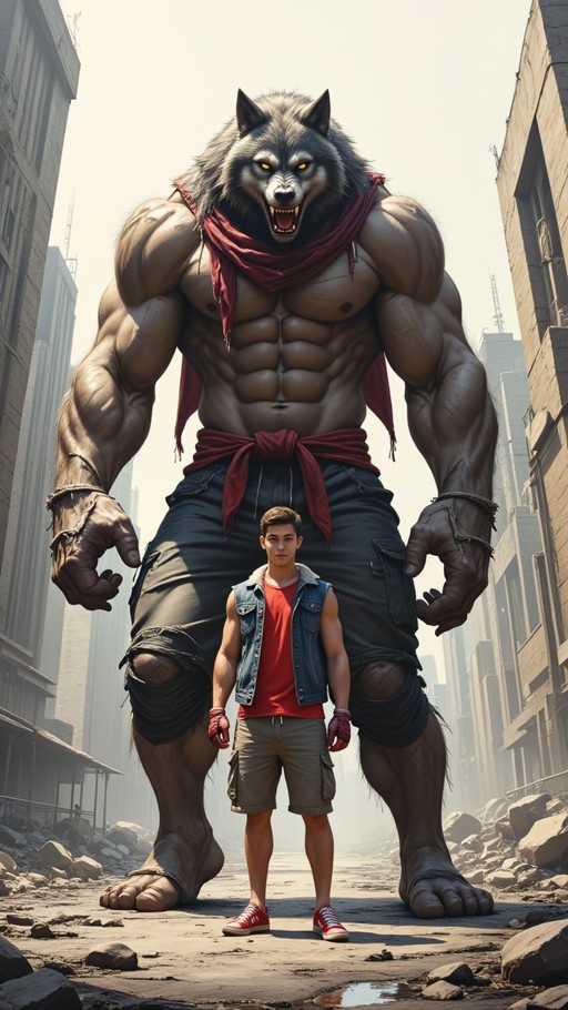 A colossal, muscular werewolf with glowing yellow eyes and a red scarf stands behind a small human male in a destroyed city street.