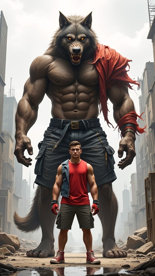 A tall, muscular werewolf with glowing eyes stands behind a fit man in a red shirt and denim vest in a destroyed urban street.