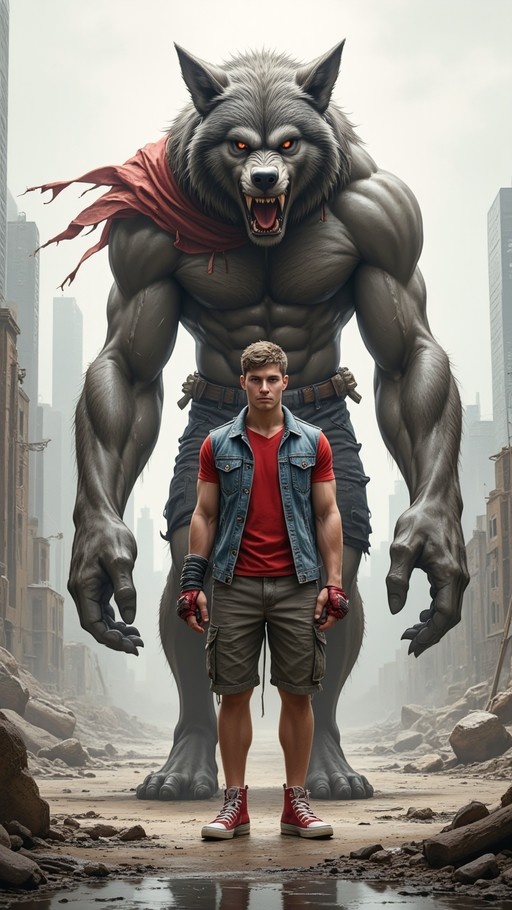 A blonde young man in a red shirt and denim vest stands before a gigantic, muscular grey werewolf with glowing orange eyes and a red scarf in a ruined city street.