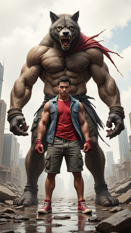 A giant muscular werewolf with glowing orange eyes stands behind a young man wearing a red shirt and denim vest in a ruined city street.