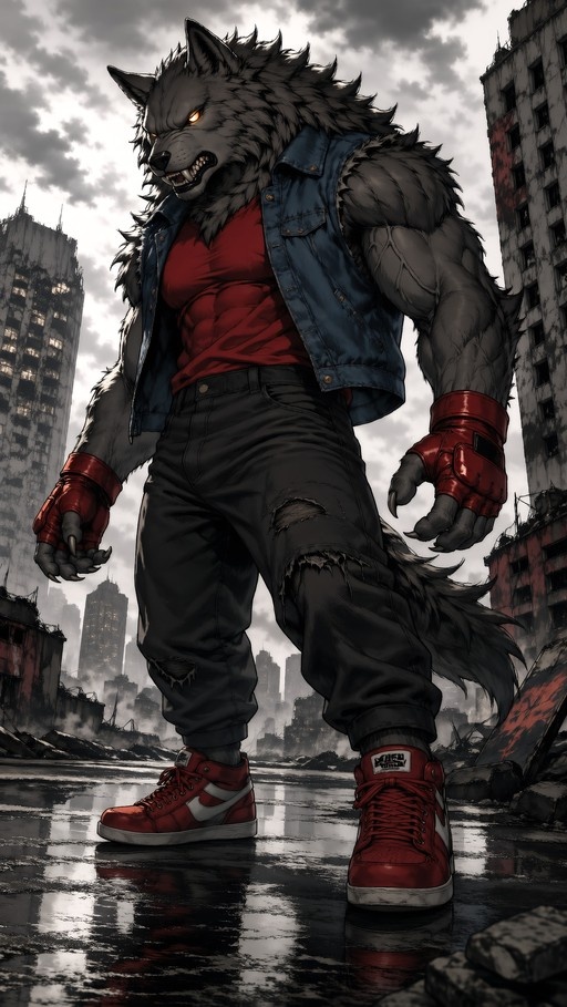 A full-body illustration of a muscular grey anthropomorphic wolf standing in a ruined cityscape. He wears a red t-shirt, blue denim vest, torn black pants, and red sneakers, with glowing yellow eyes and sharp fangs.