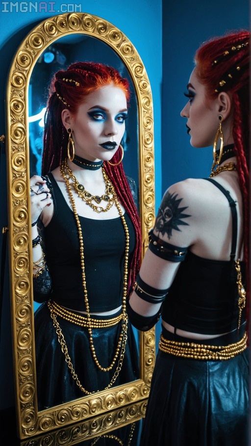 A red-haired goth woman with dreadlocks examines her reflection in an ornate gold mirror while wearing dramatic makeup and layered gold jewelry.
