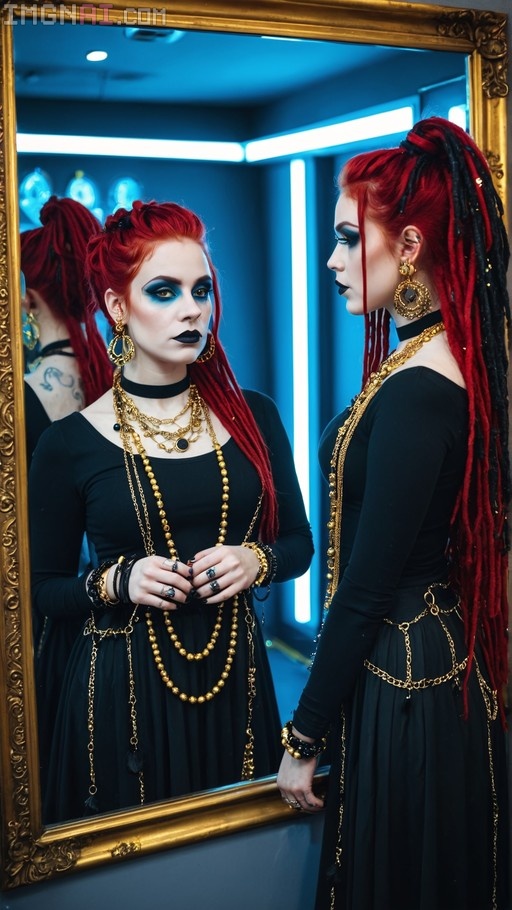 A woman with red dreadlocks and blue eyeshadow looks at her reflection in a gold mirror while wearing a black dress and gold jewelry.