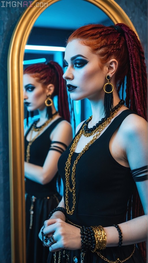 A red-haired goth woman with dreadlocks checks her reflection in a mirror while wearing dramatic makeup and layered gold jewelry.