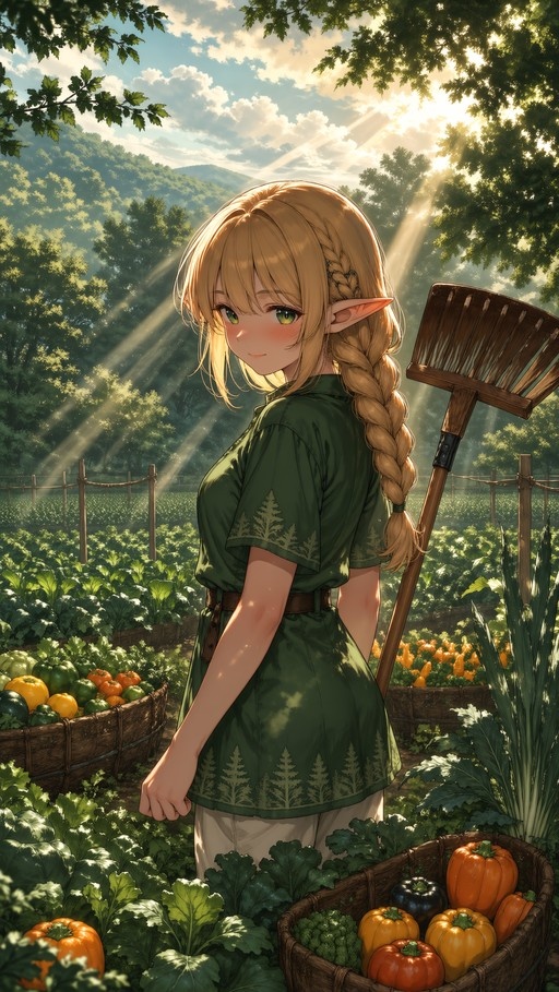 A blonde elf girl with a long braid and pointed ears stands in a sunny vegetable garden holding a wooden rake, surrounded by baskets of pumpkins and greens.