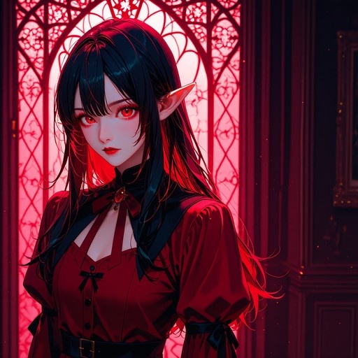Anime-style illustration of an elf woman with long black hair and red eyes, wearing a dark red dress with puffy sleeves, standing before a lattice window bathed in red light.