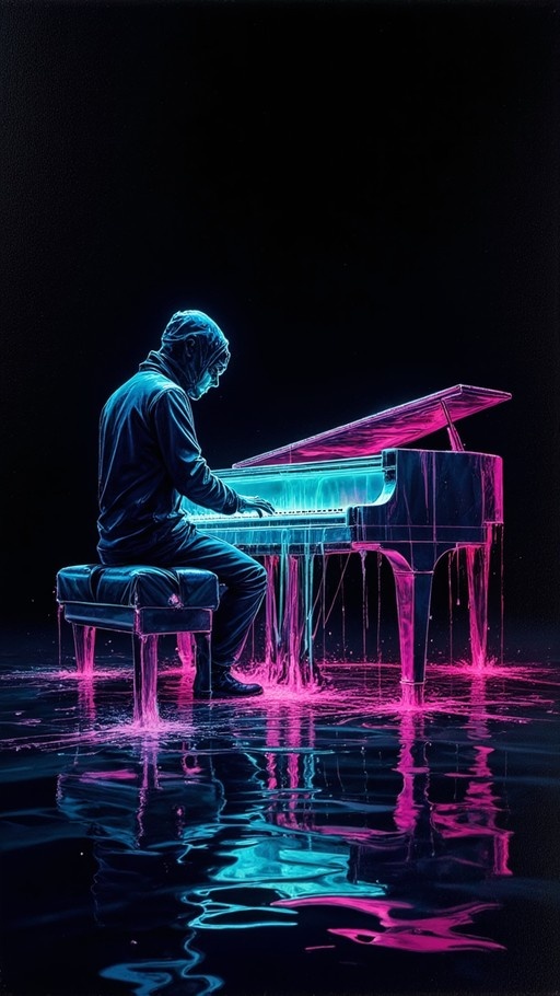 A man plays a glowing neon grand piano that is dripping into water against a black background.