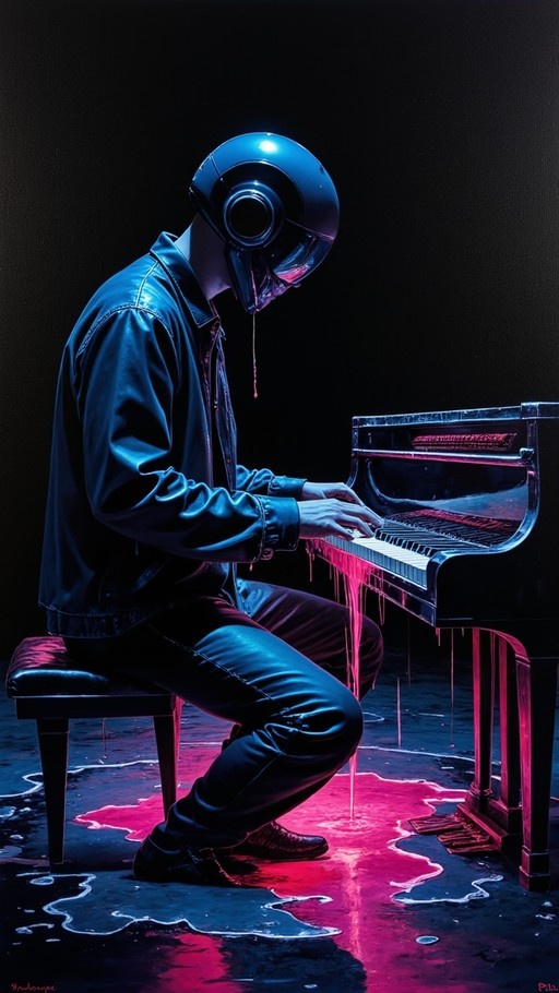 A man wearing a blue motorcycle helmet and black leather jacket sits at a grand piano, playing keys while red liquid drips from the instrument onto the floor.