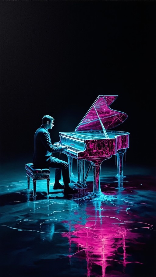 A man in a suit plays a translucent grand piano glowing with pink and blue light on a reflective surface.