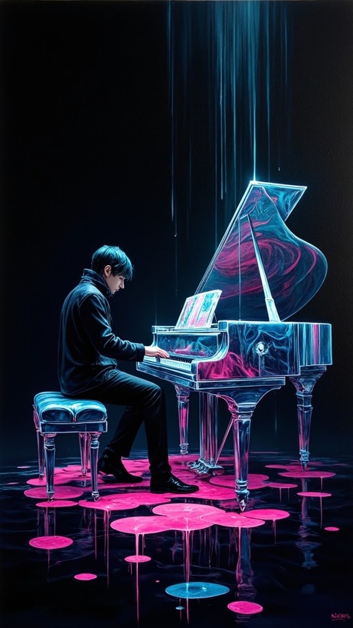 A young man in black plays a reflective grand piano under blue light beams with glowing pink ripples on the floor.