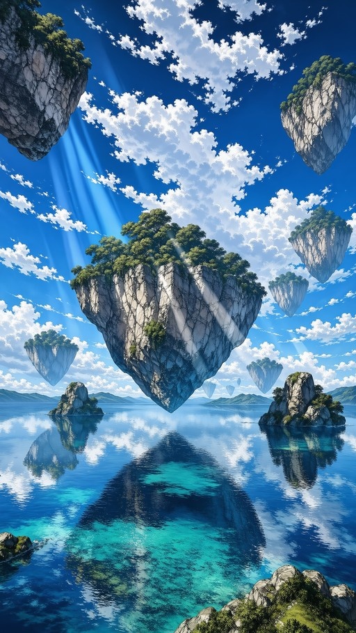 Floating rocky islands with green trees hovering over calm blue water reflecting the sky and clouds.