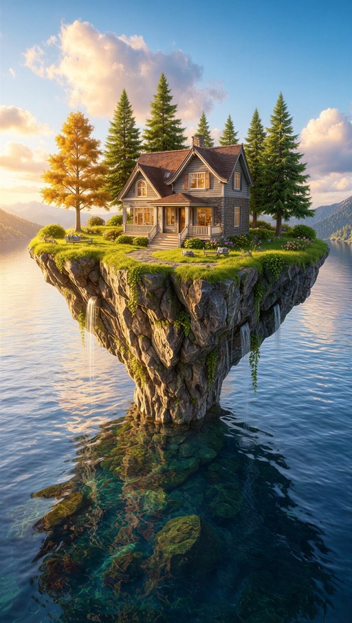 A wooden cottage with a porch sits on top of a large floating rock island covered in grass and trees. Waterfalls flow from the rocky bottom into clear blue water below, with mountains visible in the distance under a cloudy sky.
