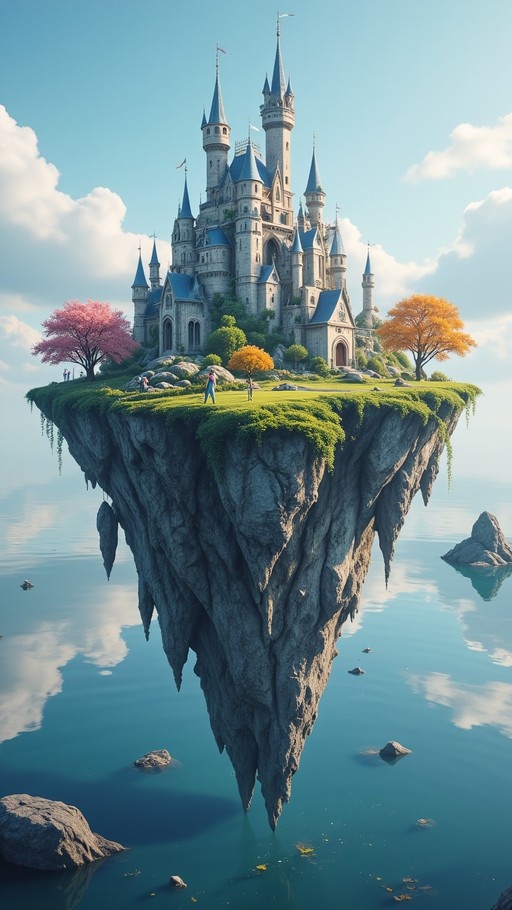 A large fantasy castle with blue-topped spires sits on a grassy floating island above calm blue water, featuring colorful trees and small figures standing on the mossy edge.