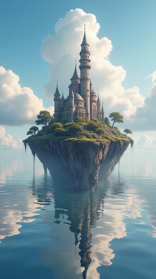 A detailed stone castle with tall spires sits on a floating rock island surrounded by trees, hovering above calm water that reflects the scene against a blue sky with clouds.