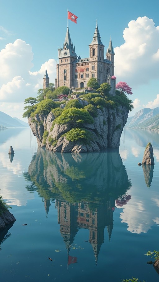 A majestic castle with multiple spires sits on a rocky floating island covered in greenery and pink flowers, reflected perfectly in the calm blue lake below.