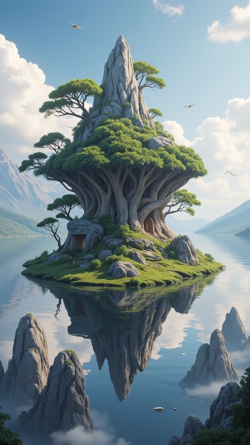 A digital illustration shows a fantastical floating island featuring a massive ancient tree growing from a rocky base in the center of a calm lake, with mountains in the background.