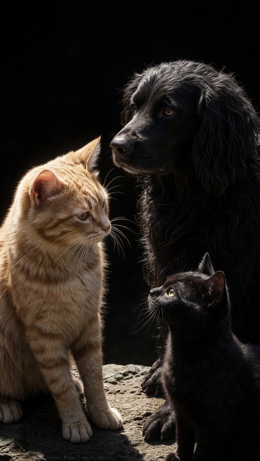 An orange tabby cat sits beside a large black dog while a small black kitten looks up nearby against a dark background.