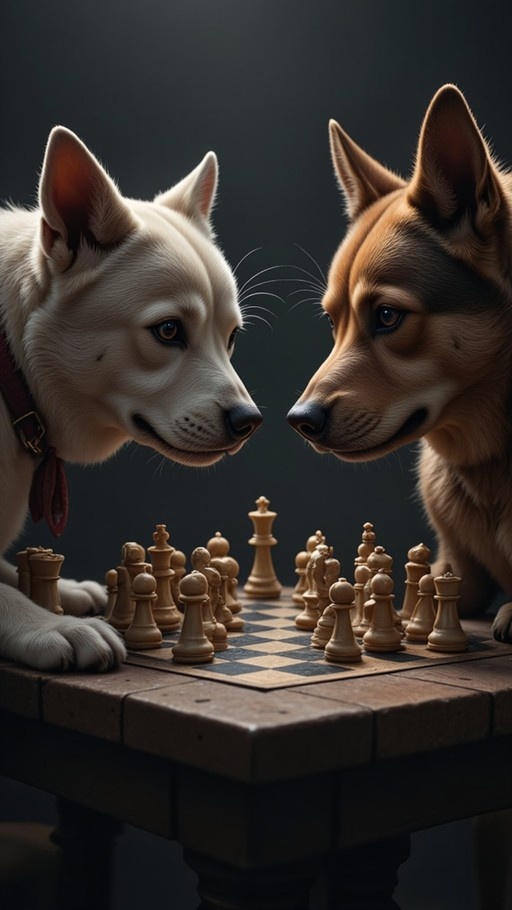 Two realistic dogs, one white and one brown, leaning over a wooden table to play a game of chess.