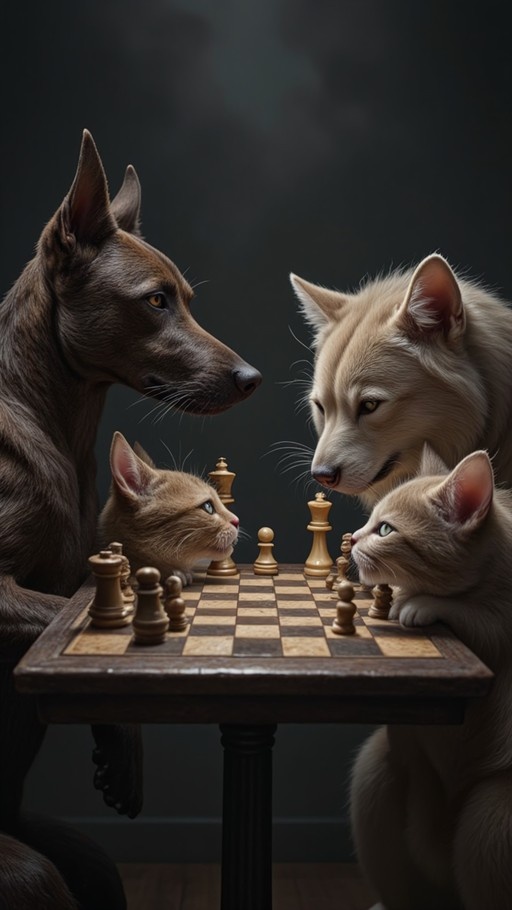 A dark brown dog and a light-colored dog sit opposite two orange kittens at a small table with a chessboard.