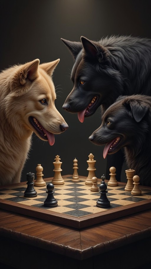 Three dogs looking at a chessboard on a table.