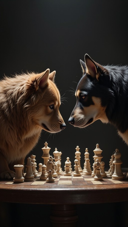 Two dogs facing each other over a chessboard with pieces arranged in the center
