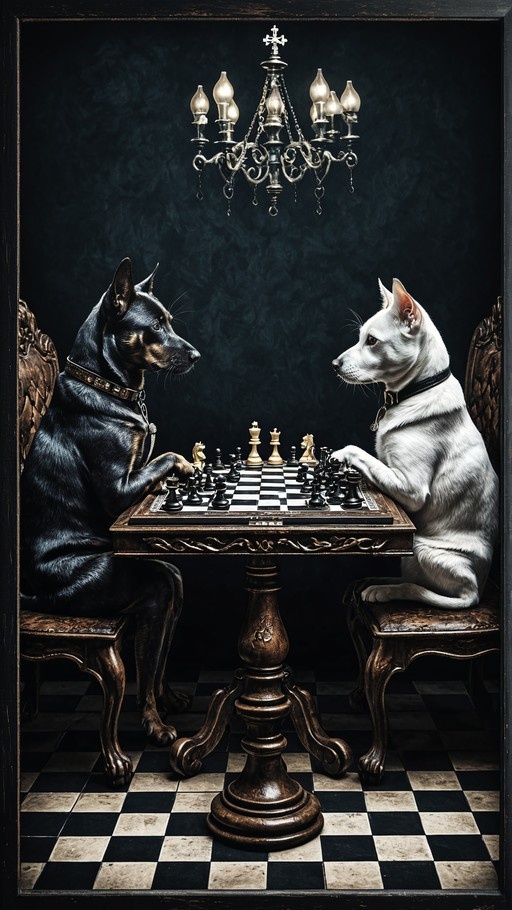 Two anthropomorphic dogs sitting at a table playing chess under an ornate chandelier with a checkered floor.