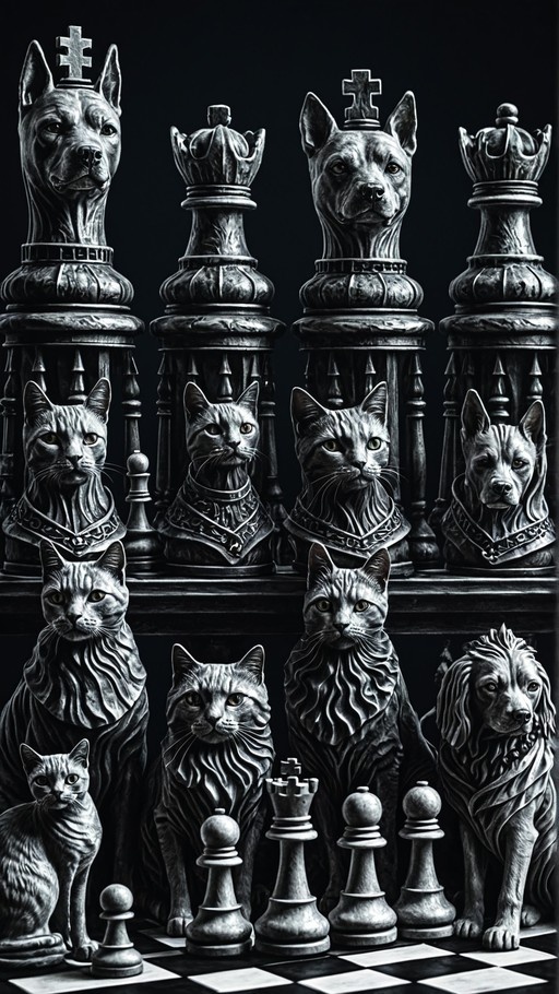 A black and white image of a detailed chess set featuring sculpted cats and dogs as the playing pieces on a checkered board.