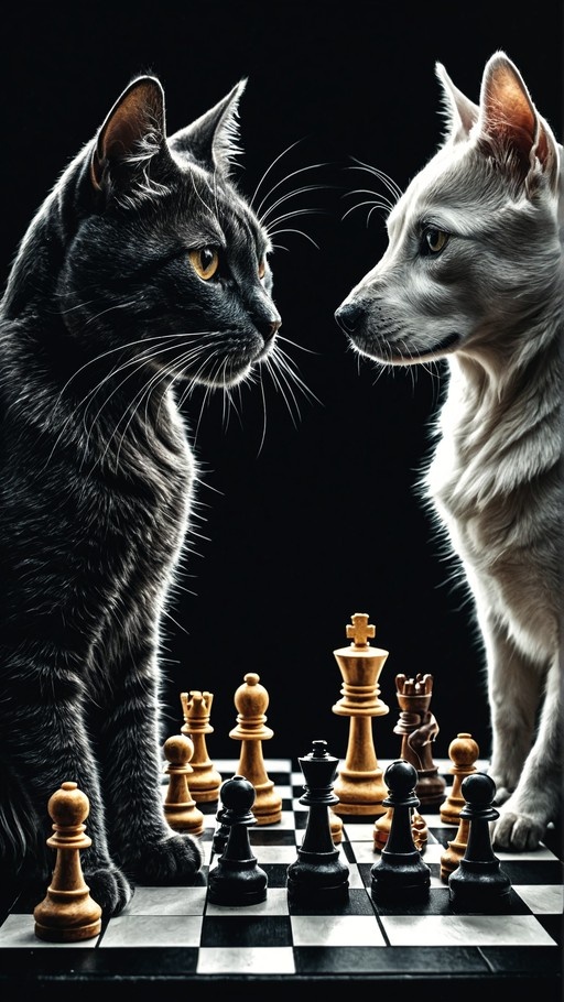 A black cat and a white dog face each other intensely across a chessboard with various pieces.