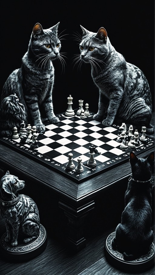 Two grey tabby cats sitting at a table facing each other over a chessboard with statues watching from the floor